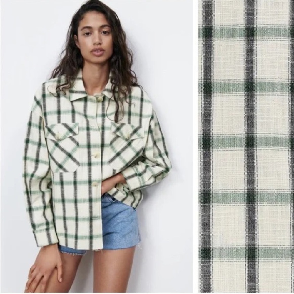 NWT Zara Plaid Overshirt Jacket Green Cream Relax Fit Bloggers Fav S
